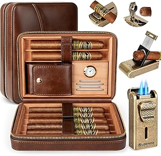 Cigar Humidor, Leather Cigar Case with Cigar Lighter, Built-in Straight Cigar Cutter and Cigar Punch, Travel Cigar Humidor with Humidifier and Cedar Tray, Cigar Accessories Set for Men (Butane Free)