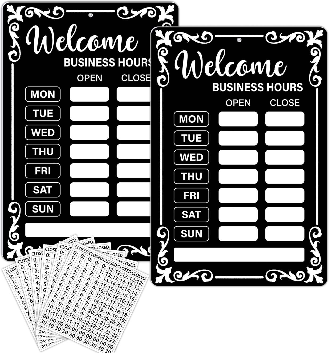 Lesnala 2Pcs Business Hours Sign Changeable Store Time Mark with Stickers for Coffee Bar Shop Restaurant Door Window Supplies 13.78 X 9.45 Inch PVC Black