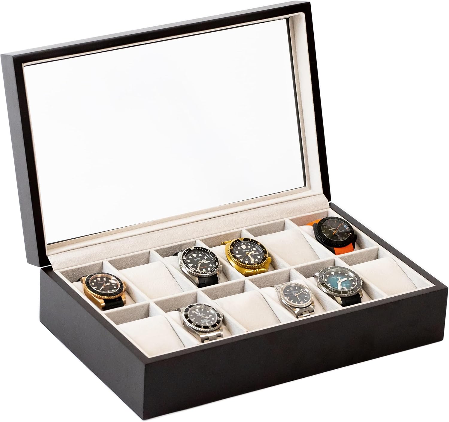 CASE ELEGANCE Solid Espresso 12 Slot Wood Watch Box Organizer with Glass Display Top