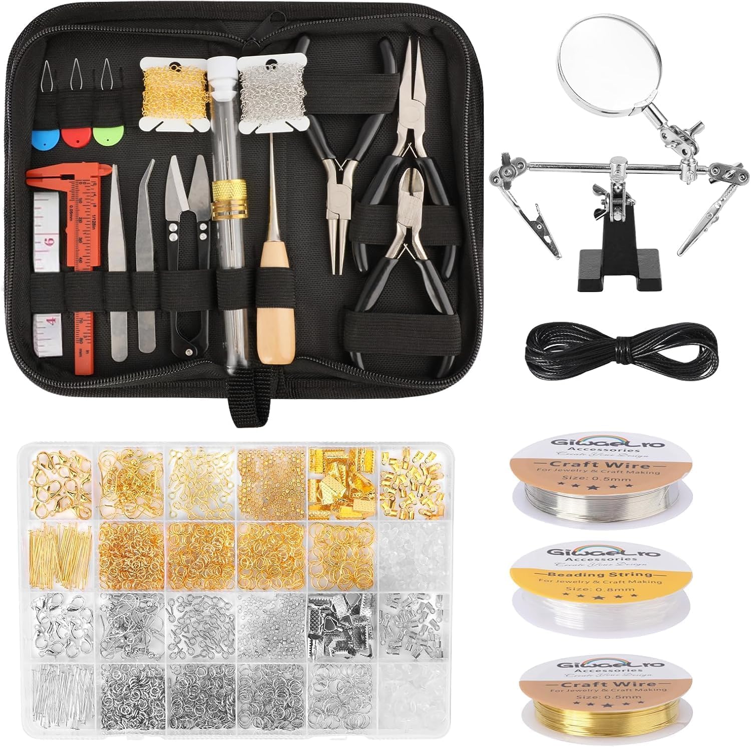 Giwaelro Jewelry Making Kit for Adults, Jewelry Making Supplies with Pliers, Wires, Findings, Necklace Chains, Magnifier and Storage Bag