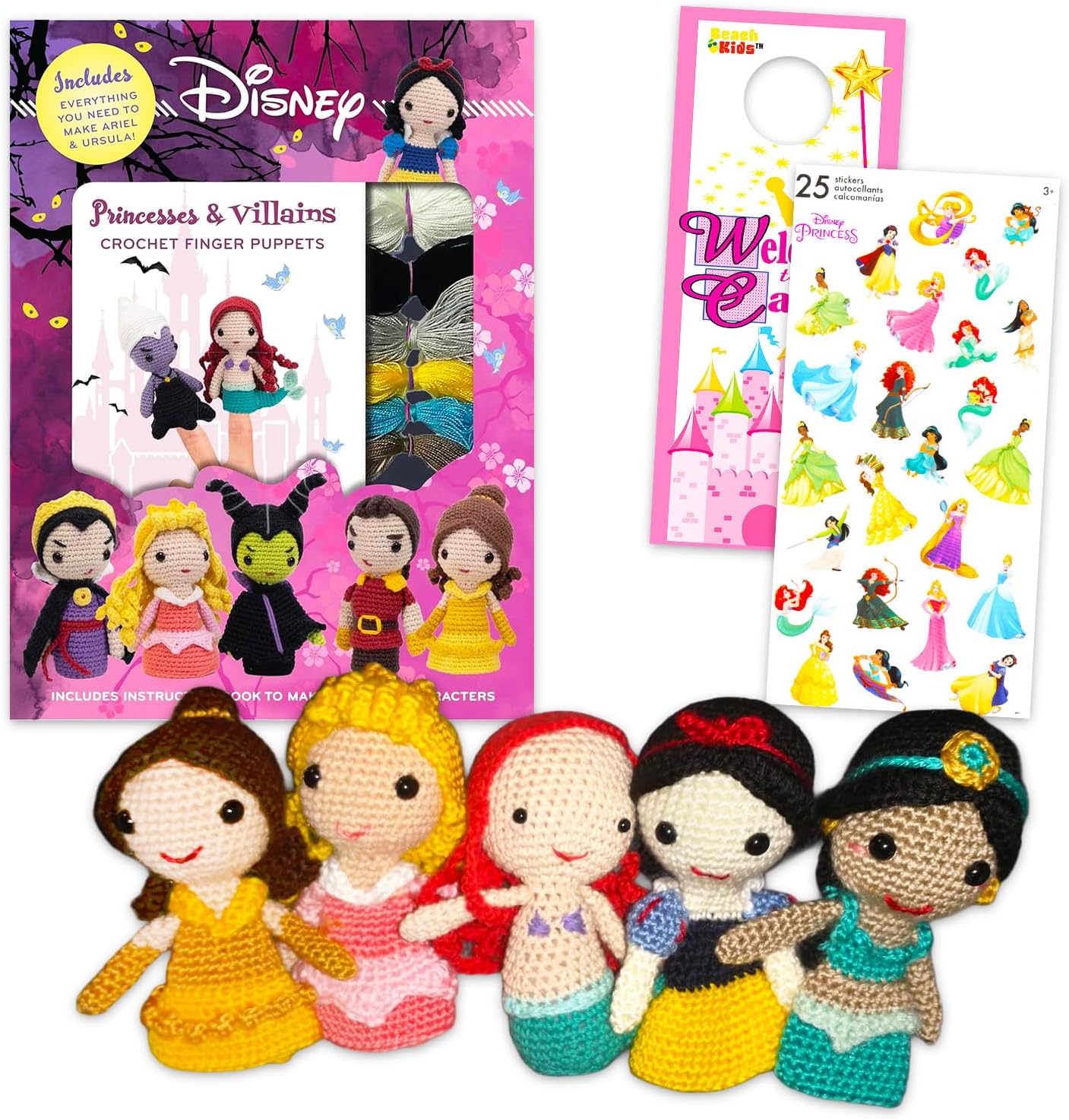 Disney Princess Crochet Kit for Beginners - Bundle with Princess and Villains Ariel and Ursula Crochet Finger Puppet Patterns, Yarn, Stickers, More | Disney Craft Kit