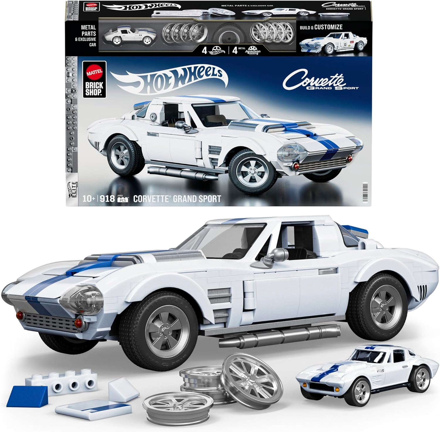 ​Mattel Brick Shop Hot Wheels Elite Series Building Set, Corvette Grand Sport with 918 Pieces, Realistic Details and Custom Decals, Adult Collectors and Kids Ages 10+, JGR31