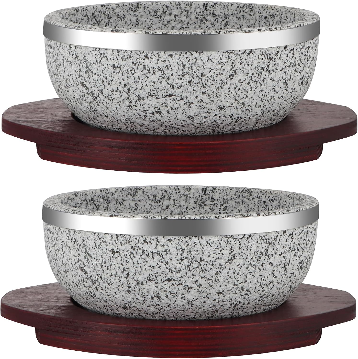 2 Pack Granite Stone Bowl 32 oz, Dolsot Pot with Wood Base for Cooking and Serving Korean Bibimbap, Soup, Rice, Ramen, Stew