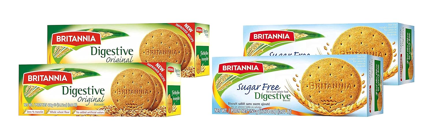 Britannia Digestive Original & Sugar Free Biscuits - Variety Combo Pack - Whole Wheat Flavor Cookies - Tea Time Healthy Snacks (Pack of 2 Each)