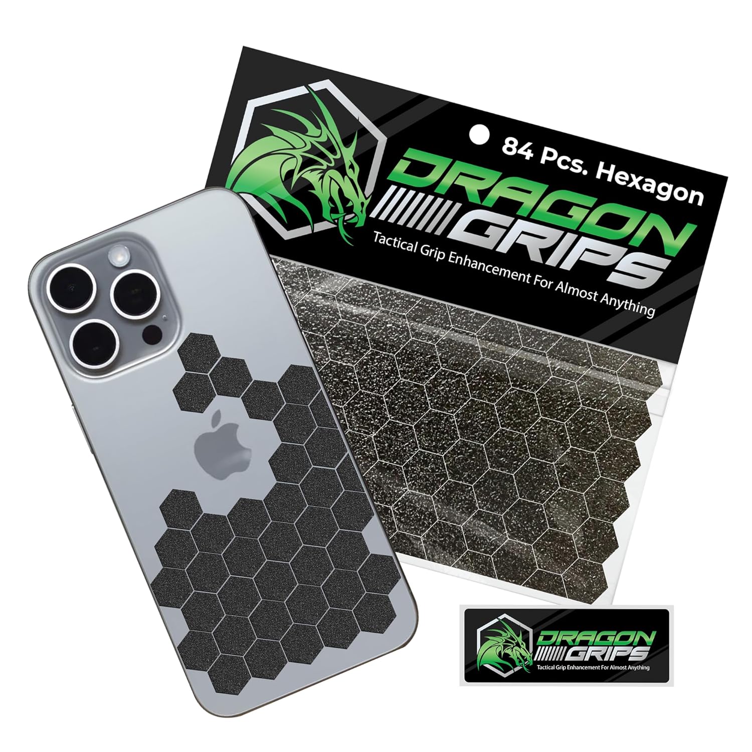 Dragon Grips Black Rubber Grip Tape, 84 Pcs Precut Hex Griptape Stickers, 1-Pack Rubberized Adhesive for Cell Phones, Controllers, Guns, and Mouse, Grip Tape, Non-Slip, Durable Texture, Made in USA