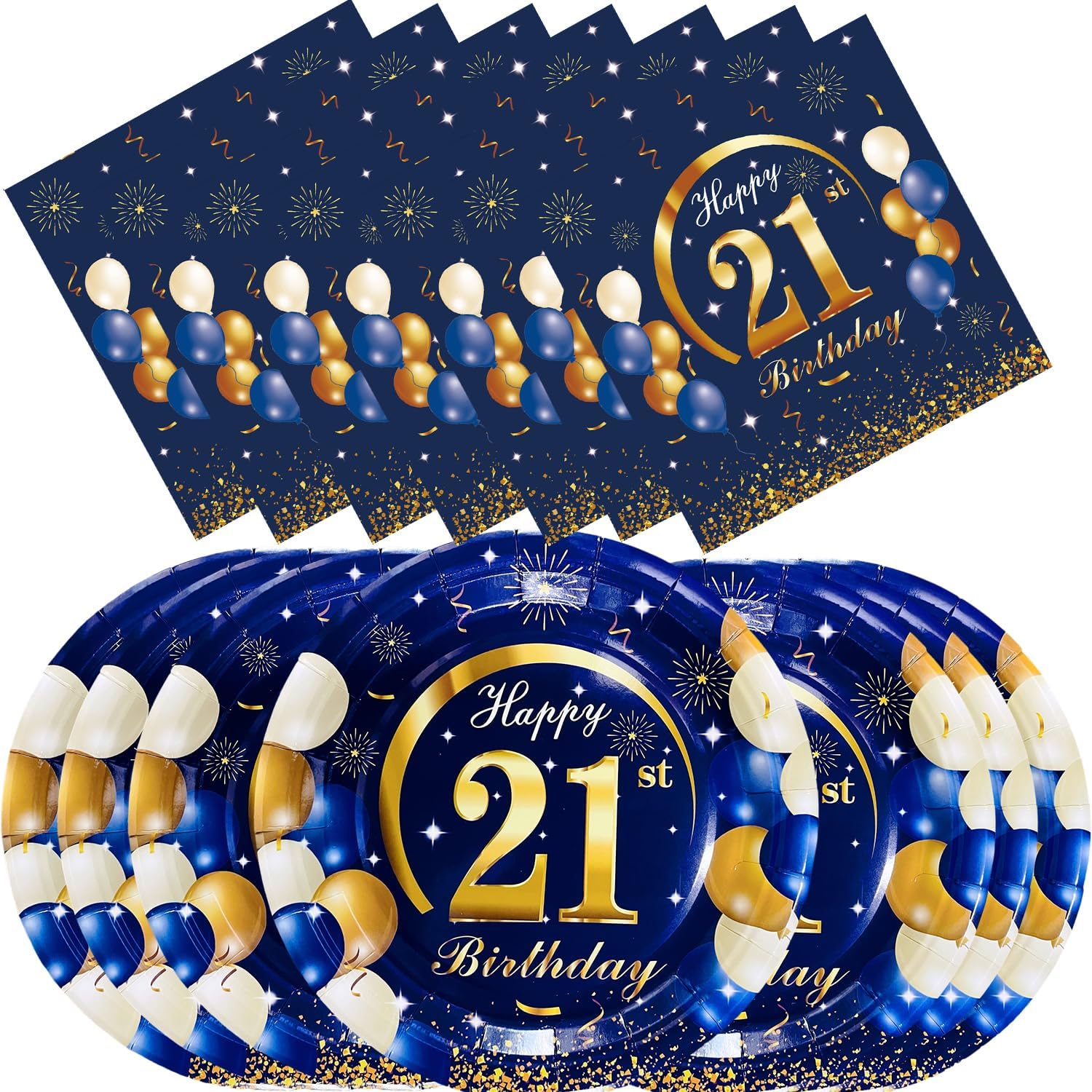 40 pieces of 21st birthday party supplies, 21st tableware, dining table decoration, blue and gold plates, napkins, tableware, boys and girls birthday party gifts