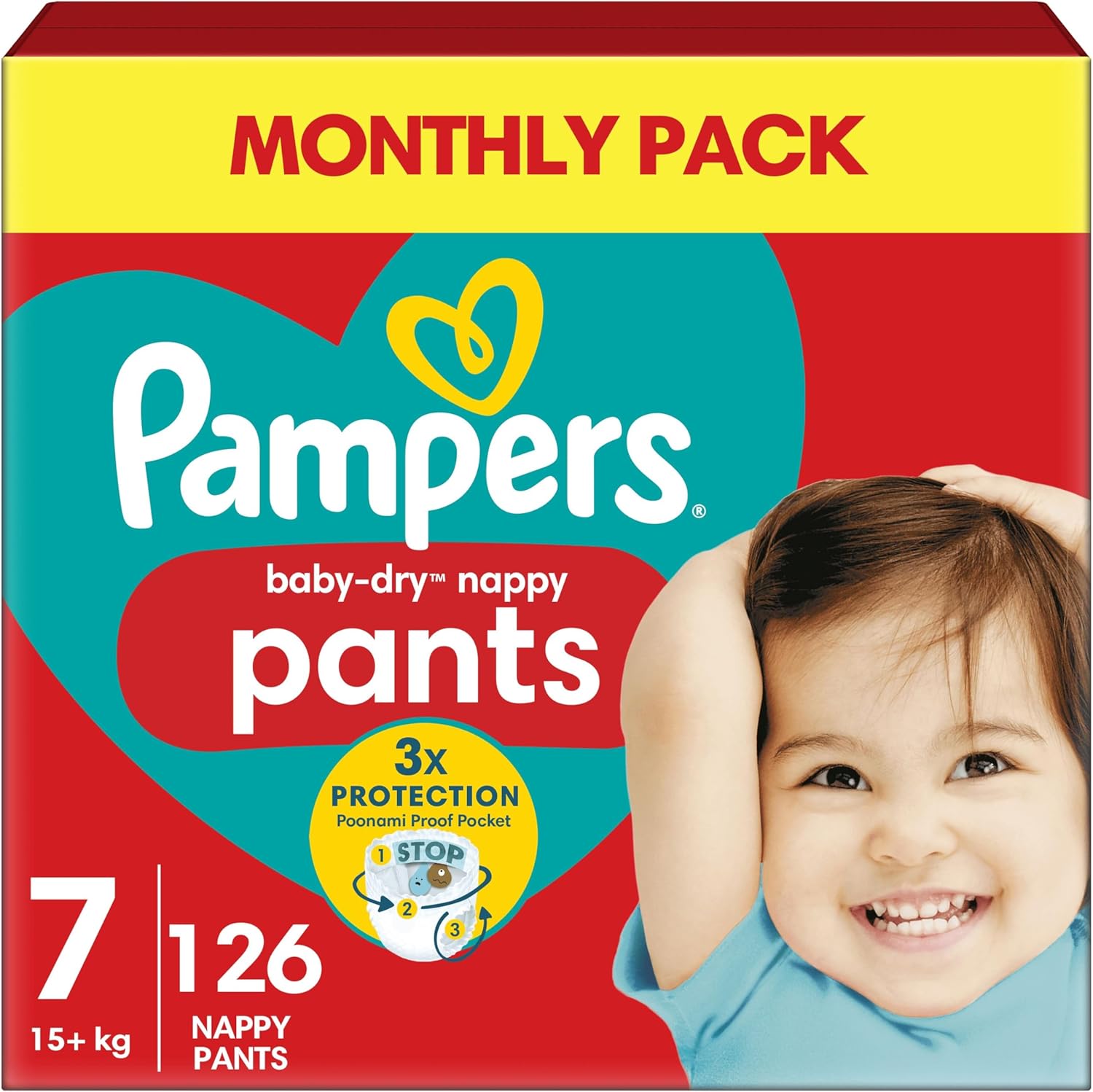 Pampers Baby-Dry Nappy Pants Size 7, 126 Nappies, 15kg+, Monthly Pack, 360° Fit To Help Prevent Gaps And Leaks