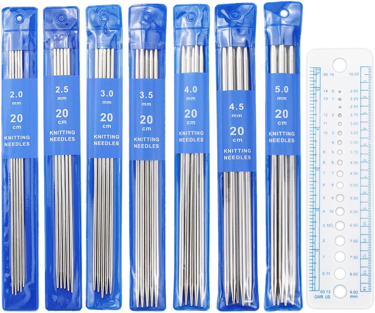 SZCXDKJ 36 Pcs Double pointed knit needle set 20cm, beginner short double head knit needle, 35 PCS 2.0-5.0mm knitted needle sleeve and 1 ruler, metal knit pin for knitting small item socks