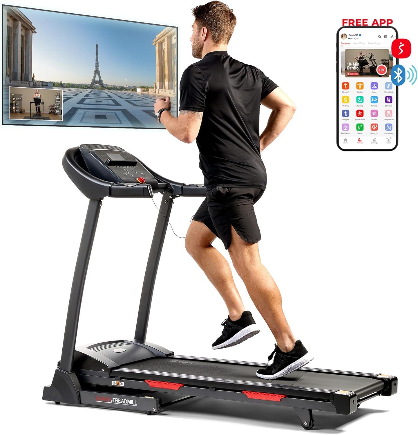 Sunny Health & Fitness Premium Folding Treadmill for Home with Adjustable Incline, Shock Absorption, Digital Monitor, Pulse Sensors, Speed Buttons, Optional Free SunnyFit App Bluetooth Connection