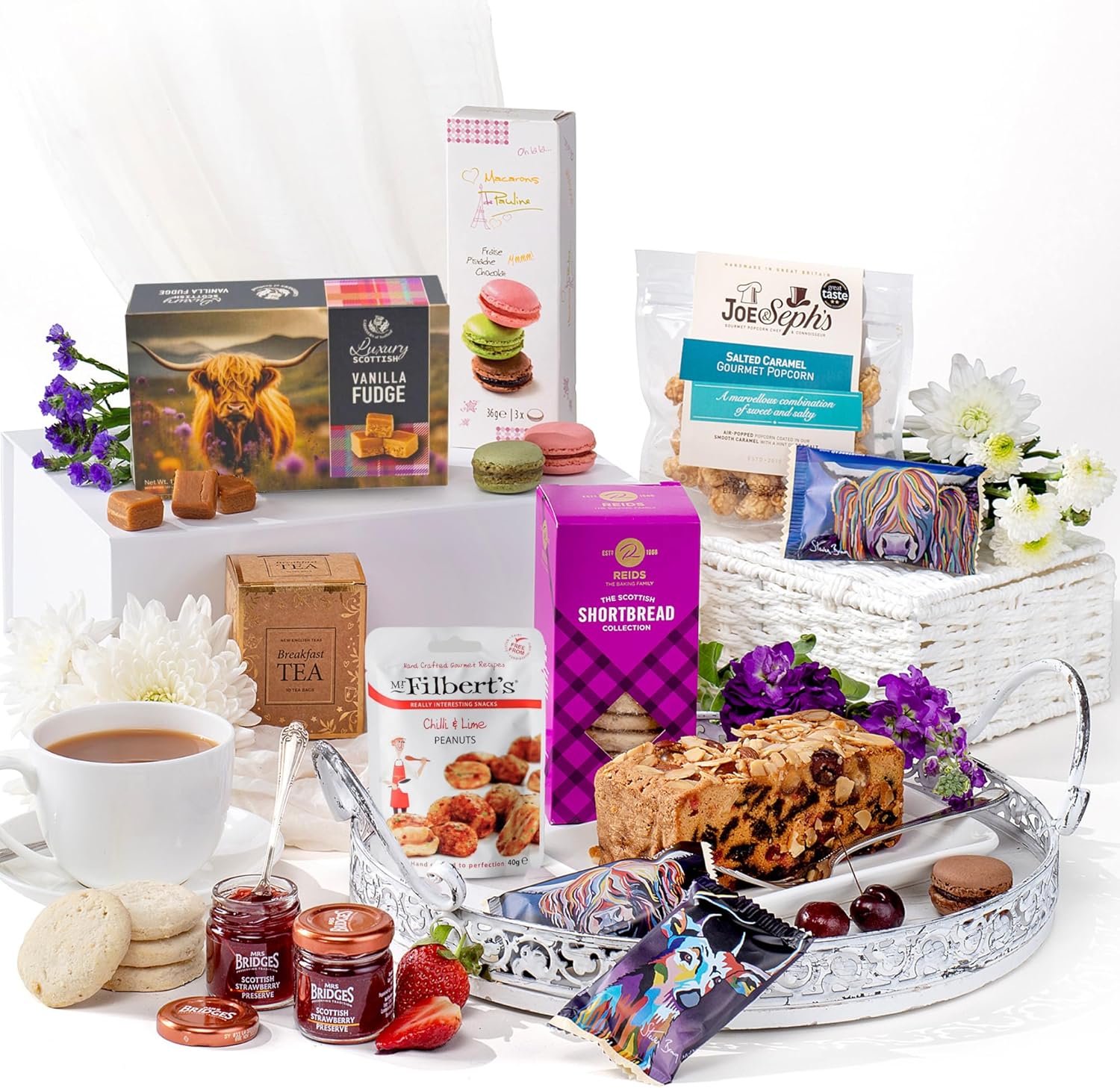 Hattie's Gifts Afternoon Tea Hamper - Luxury Food Gift with English Tea, Fruit Cake, Fudge, Shortbread, Macarons, Jam & Popcorn - Gourmet Snacks for Birthday, Thank You