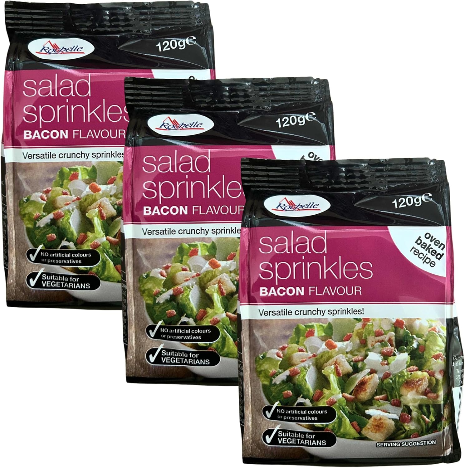 Bacon Bits Salad Topper Vegan Sprinkles Bundle Containing 3 x 120g Bags of Rochelle Brand Salad Sprinkles