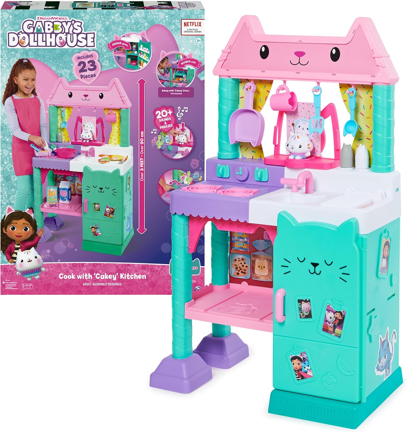 Gabby’s Dollhouse, Cakey Kitchen Set for Kids with Play Kitchen Accessories, Play Food, Sounds, Music and Kids Toys for Girls and Boys Ages 3 and up