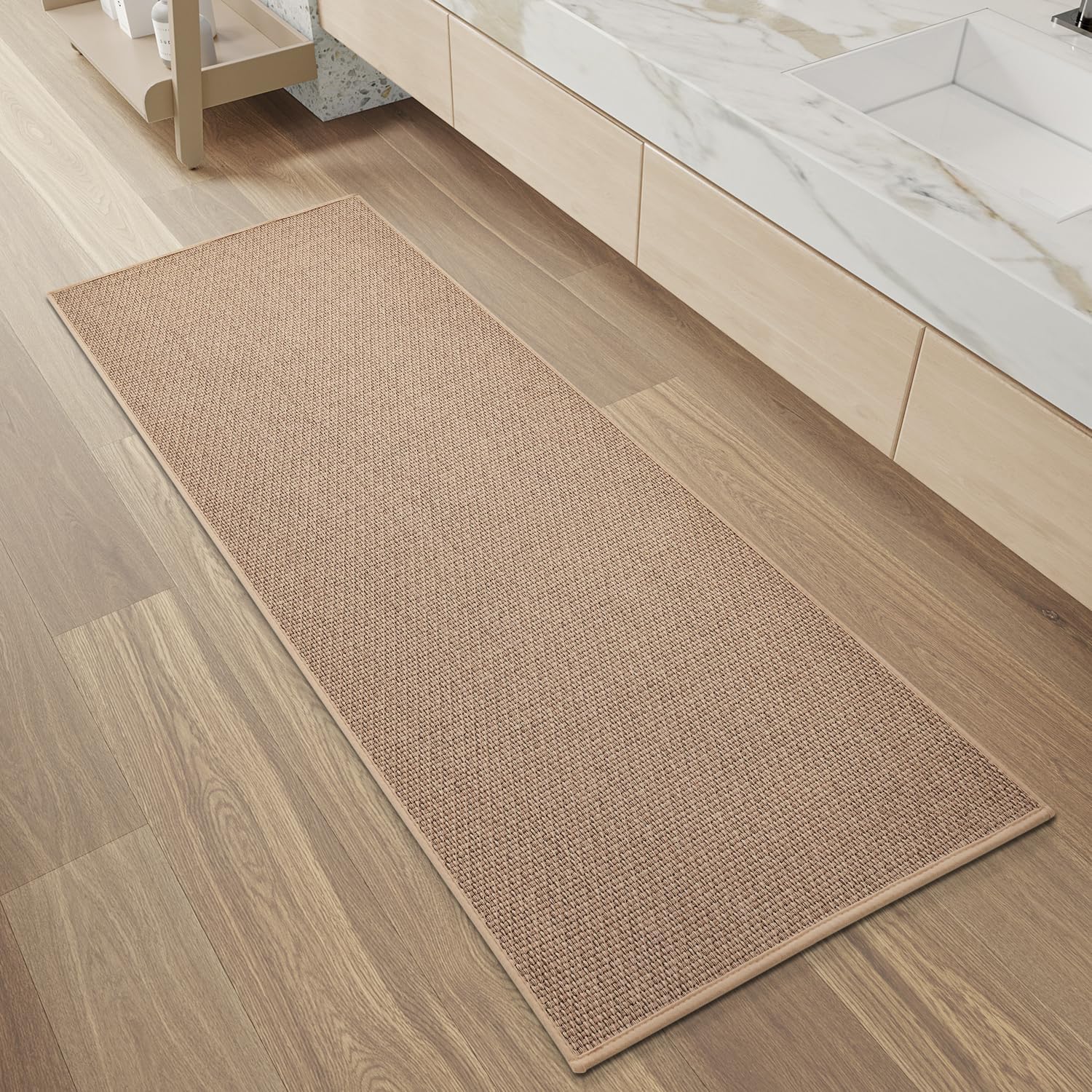 PADOOR Non-Slip Bath-Mats for Bathroom, Rubber-Backing Braided Absorbent Bathroom Mat Machine Washable Thin Bathroom Rugs Fit Under Door Quick Dry Bath Rugs for Floor, 24''x47'' Beige