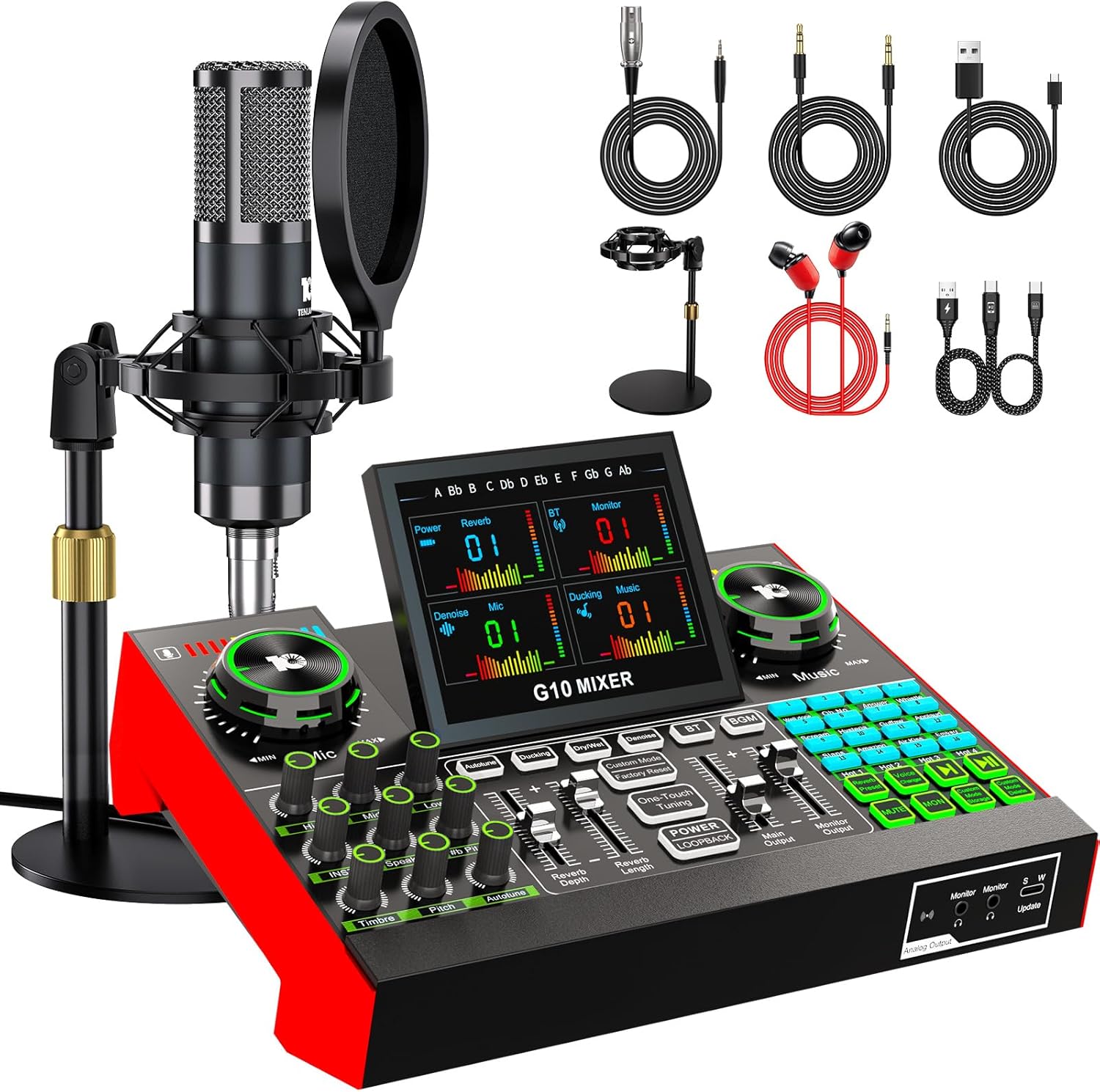 Podcast Microphone Bundle with Live Sound Board Audio Mixer, Podcast Equipment Bundle with 3.5mm Condenser Microphone(P15) for Pc/Phone Live Streaming Singing Gaming, Voice Changer, Denoise