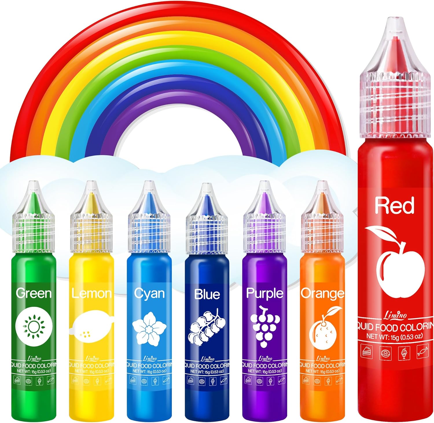 Food Coloring Set - Rainbow Edible Food Color Dye for Baking, Cake Decorating, Royal Icing, Cookie, Fondant and Macaron - 7 x 15g Food Grade Liquid Food Coloring Kit for DIY Slime and Crafts Making