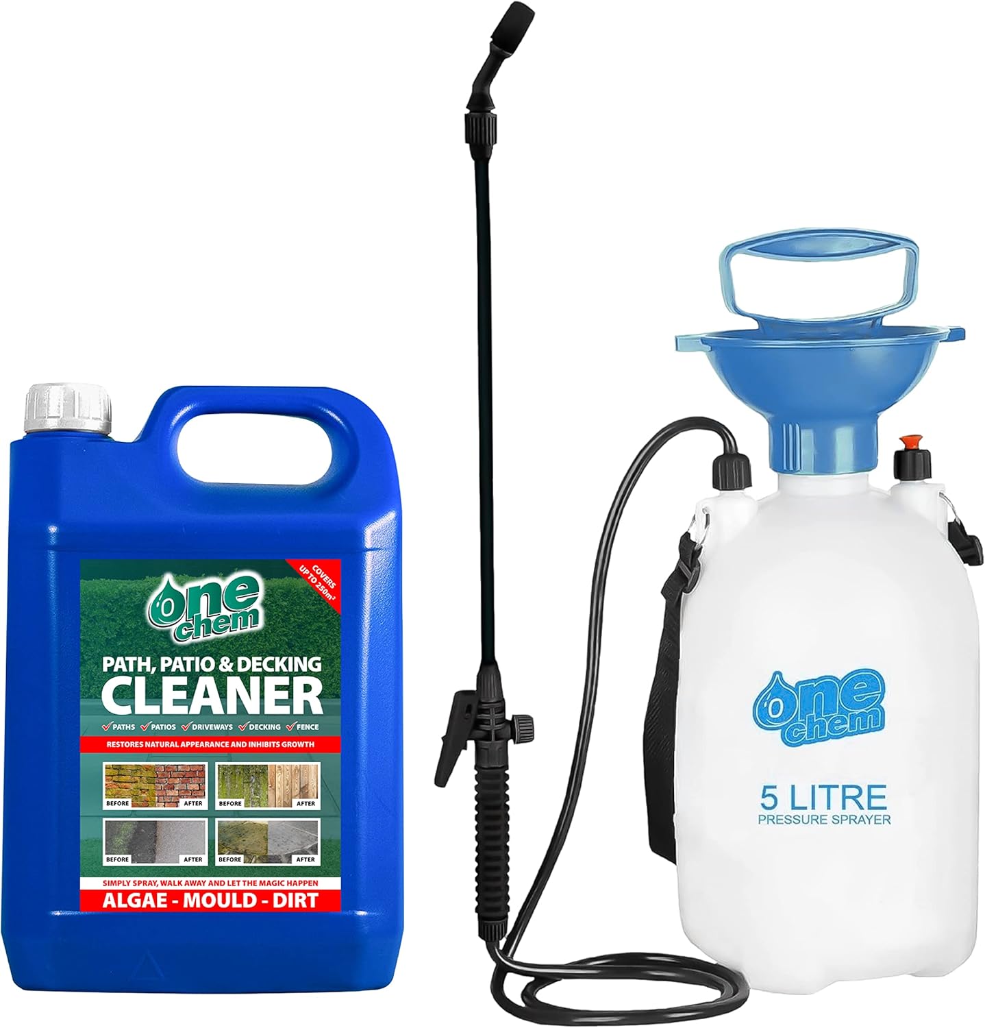 One Chem - 5L + 5L One Chem Sprayer - Heavy Duty Patio Cleaner - Path Cleaner Concentrate - Mould Remover, Lichen Remover, Algae Remover - Pressure Washer Detergent - Lichen Control