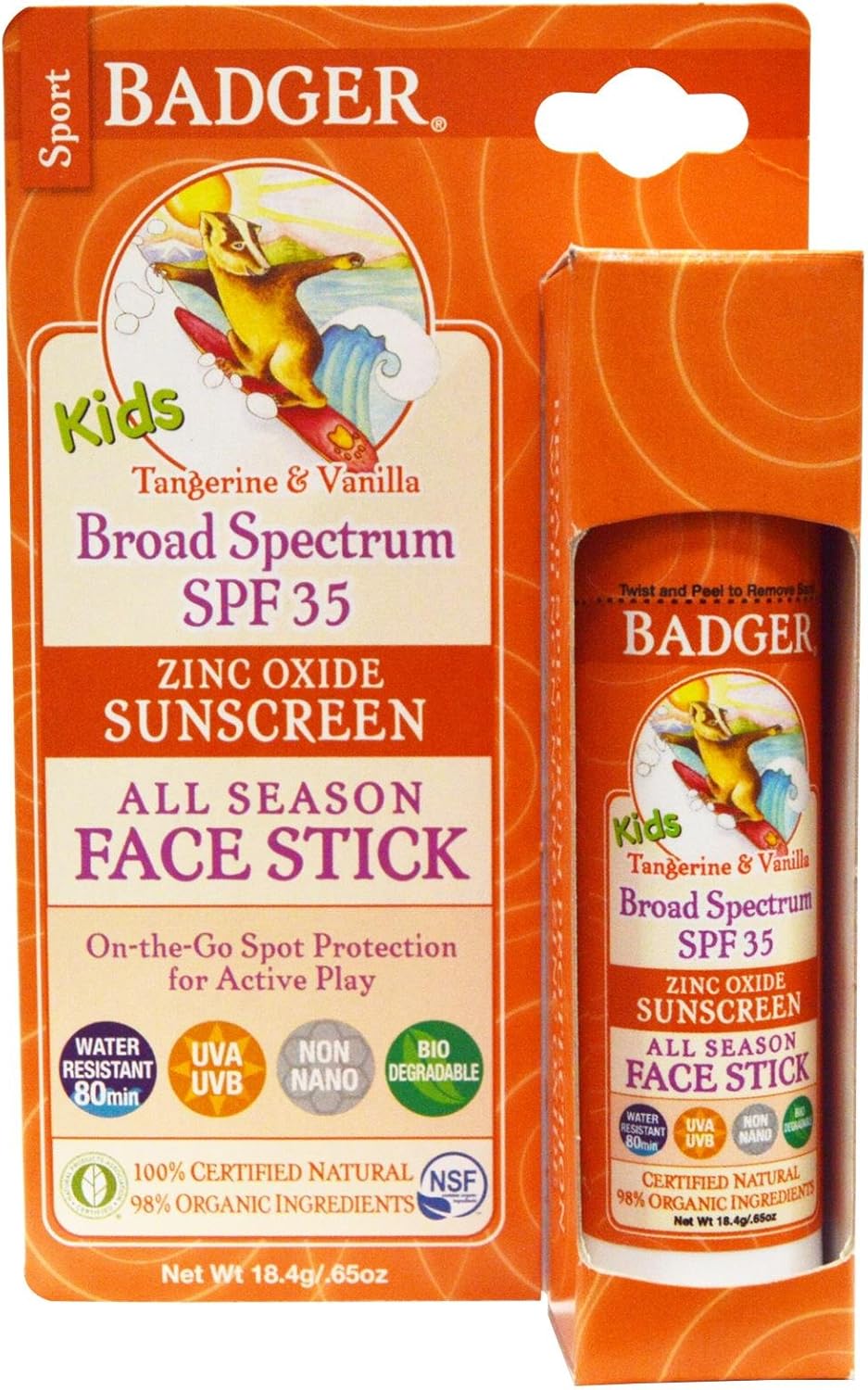 Badger Company, Kids Sport Sunscreen All Season Face Stick, SPF 35, Tangerine & Vanilla, .65 oz (18.4 g)