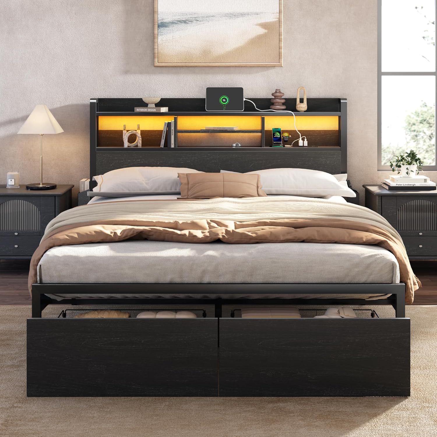Furnulem Full Size Bed Frame with Wood Headboard, Metal Platform Bed Frame Full Size with 2 Storage Drawers and Shelf, LED Lights and Charging Station, No Box Spring Needed, Noise Free, Black