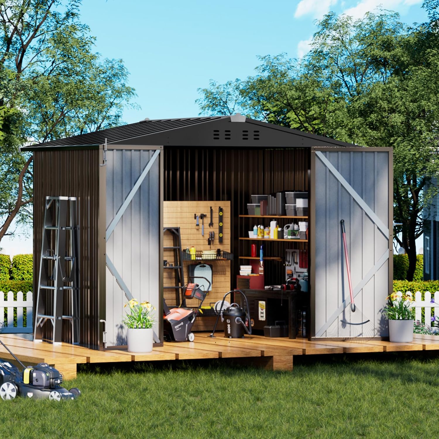 COMHOMA 8x6FT Shed Outdoor Storage Shed Metal,Lockable Doors Tool Sheds with Sloping Roof,Steel Garden Shed with Air Vent for Backyard,Patio,Lawn,Poolside(Brown)