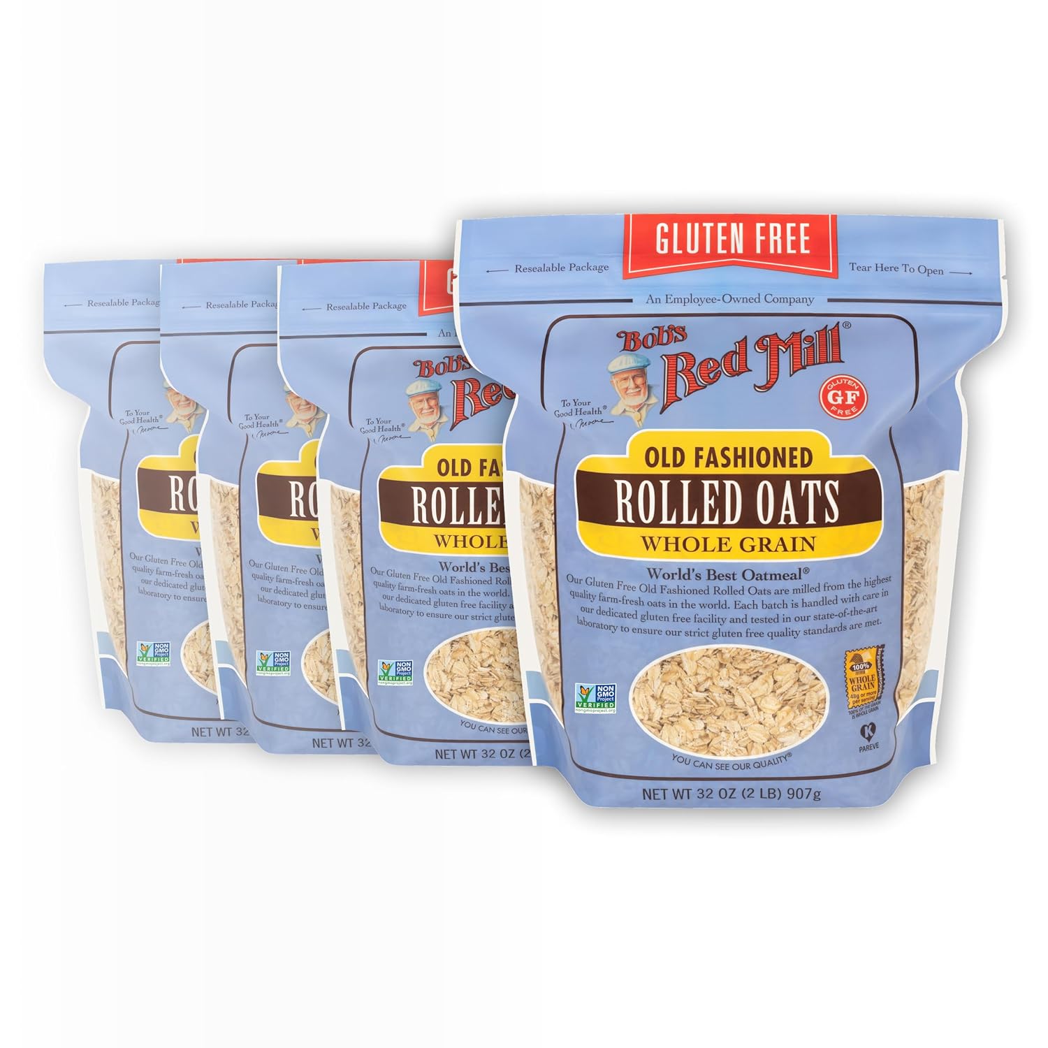 Bob's Red Mill Gluten Free Old Fashioned Rolled Oats, 32oz (Pack of 4) - Gluten Free, Non GMO, Whole Grain, Vegan, Kosher