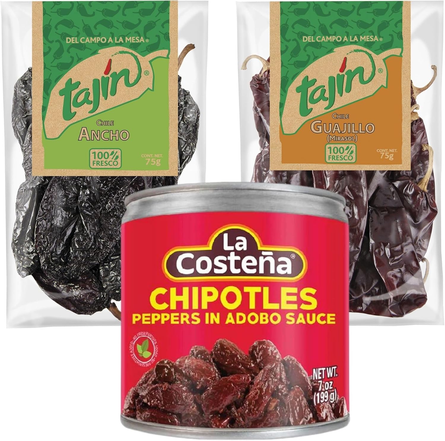 Mexican Chilli Bundle containing La Costena Chipotles in Adobo 199g, Tajin Dried Guajillo Chillies 75g and Tajin Dried Ancho Chillies 75g