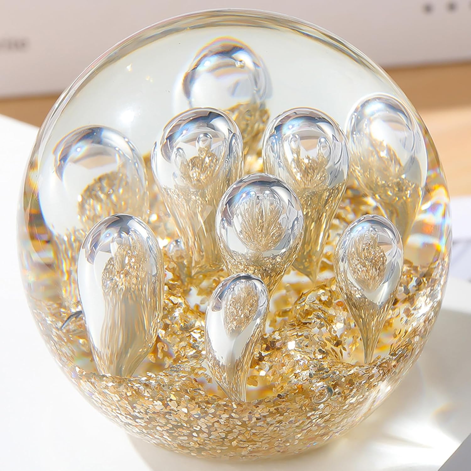 Brand Name Hand Blown Glass Ocean Waves Paperweight with Clear Bubble Ball, Gold Light Decoration for Home, Office and Aquarium
