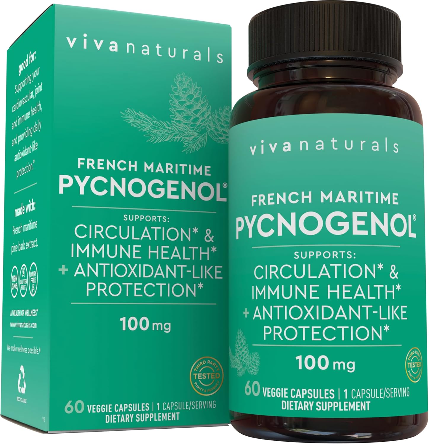 Viva Naturals Pycnogenol - 100mg French Maritime Pine Bark Extract – Supports Circulation, Antioxidant-Like Activity, Joints & Immune Health and Function – 60 Veggie Capsules