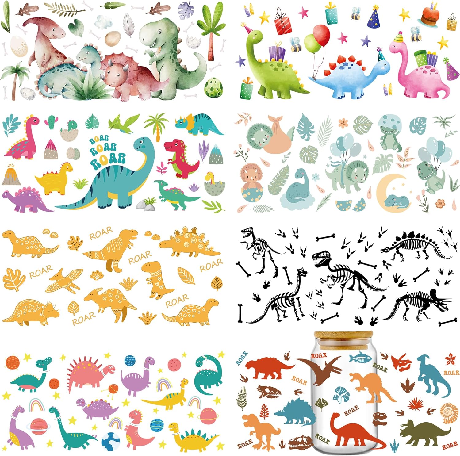 INCOK Rub on Transfers for Crafts - 8 Sheets Dinosaur Patterns Transfer Stickers for 16 oz Glass Dinosaur Fossil UV DTF Cup Wrap Rub on Water Bottle Coffee Mug, Cute DIY Gift Decals