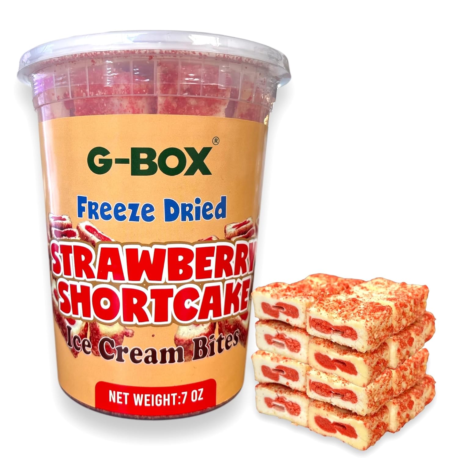 G-BOX Freeze Dried Ice Cream| Crunch Strawberry Shortcake Ice Cream Bites - Perfect for Camping, Outdoor, and Party - Air-tight Sealed in a Deli Container (7 OZ Strawberry Shortcake)
