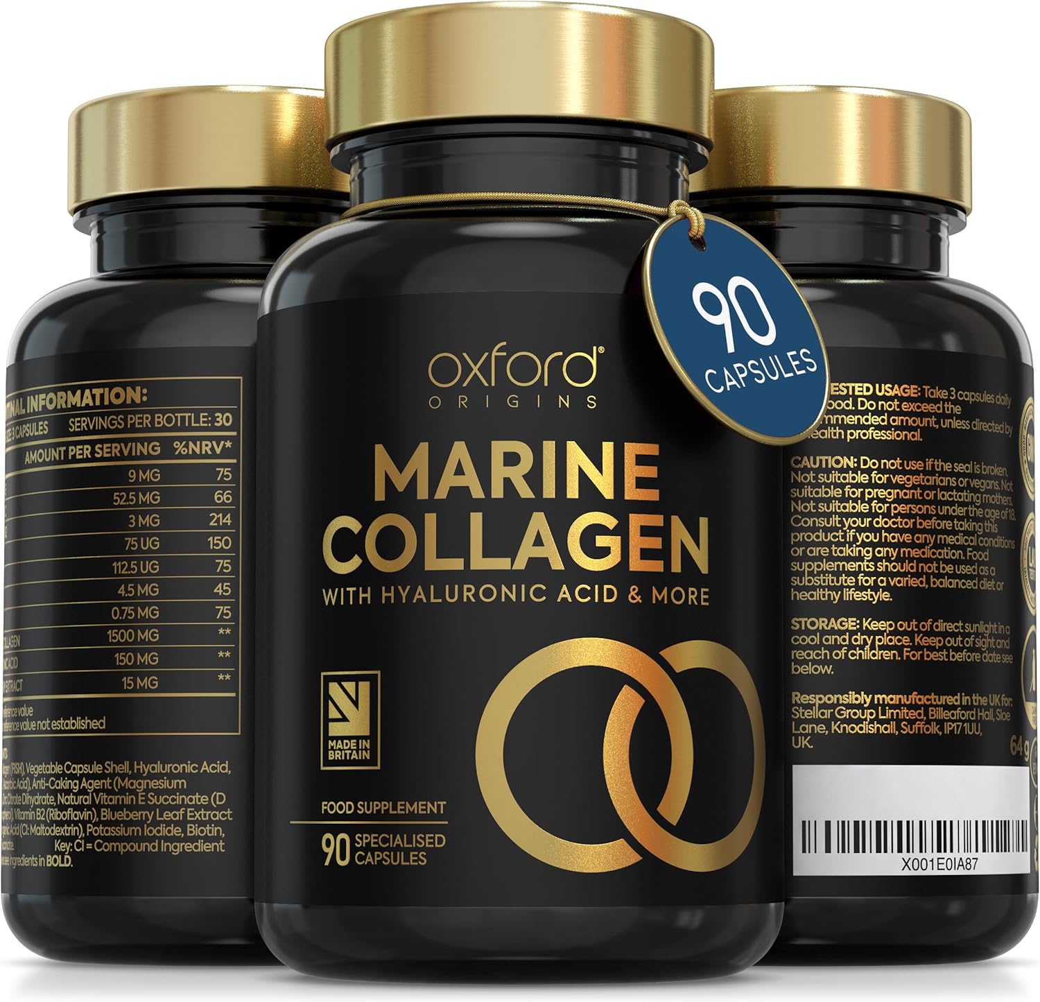 Advanced Marine Collagen Capsules | Made in The UK | Hydrolysed Collagen Supplements for Women & Men | Hair Skin and Nails Vitamins Enhanced with Hyaluronic Acid, Biotin & More | 90 Capsules