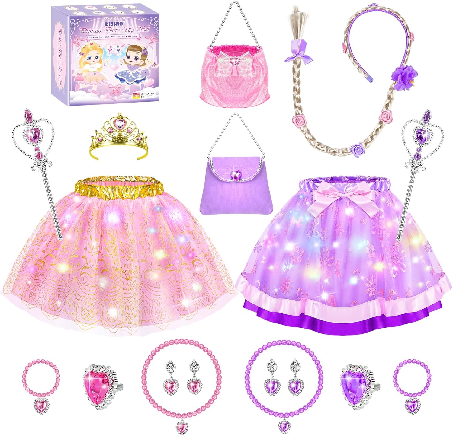DISHIO Princess Dresses Up LED Fairy Costume, Girls Pretend Play Clothes for Toddlers with Skirt Purse Crown Wand Jewelry Headband, Christmas Birthday Gifts and Toys for Toddler Girls Aged 3 4 5 6