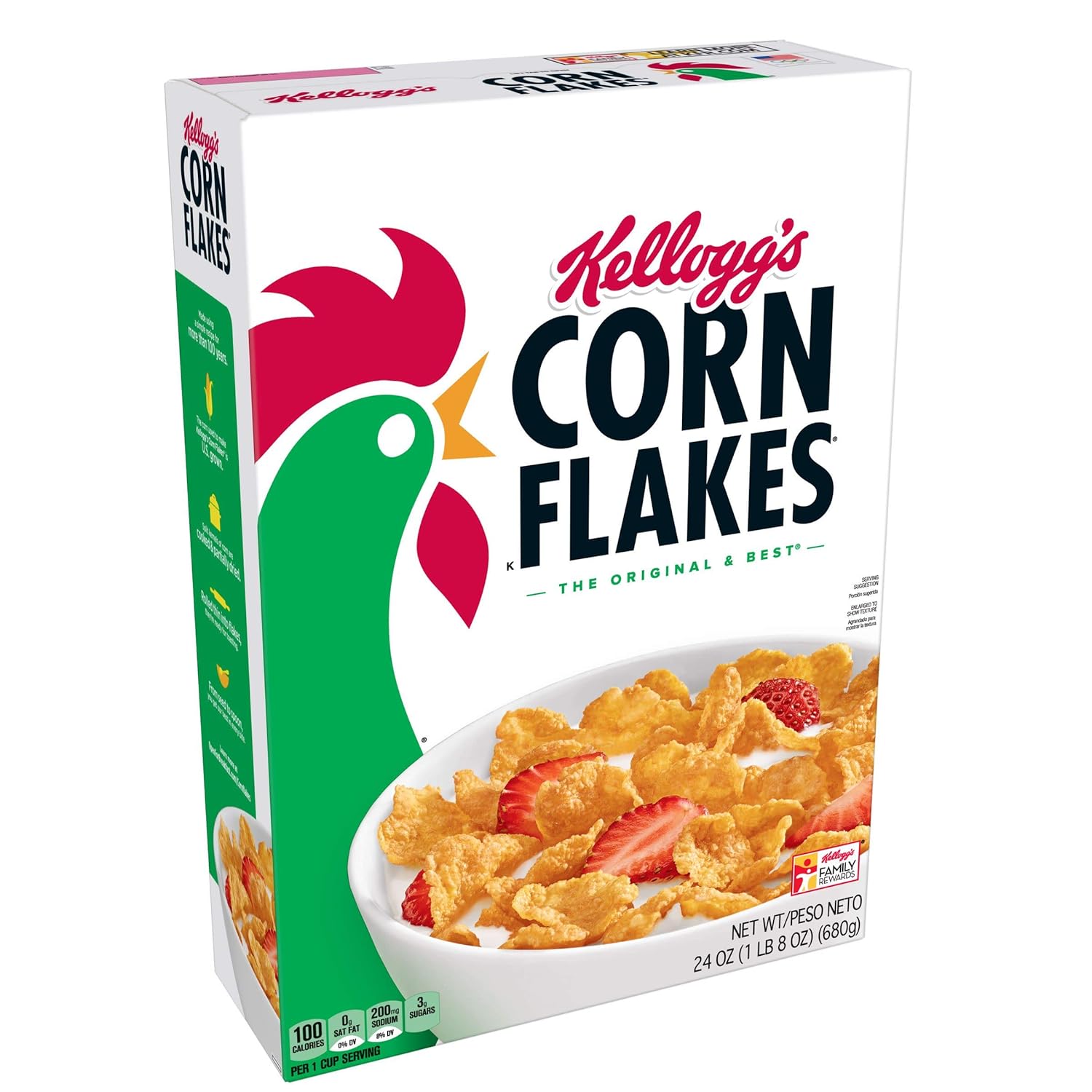 Kellogg’s Corn Flakes, Breakfast Cereal, Original, Fat-Free, 24 oz Box