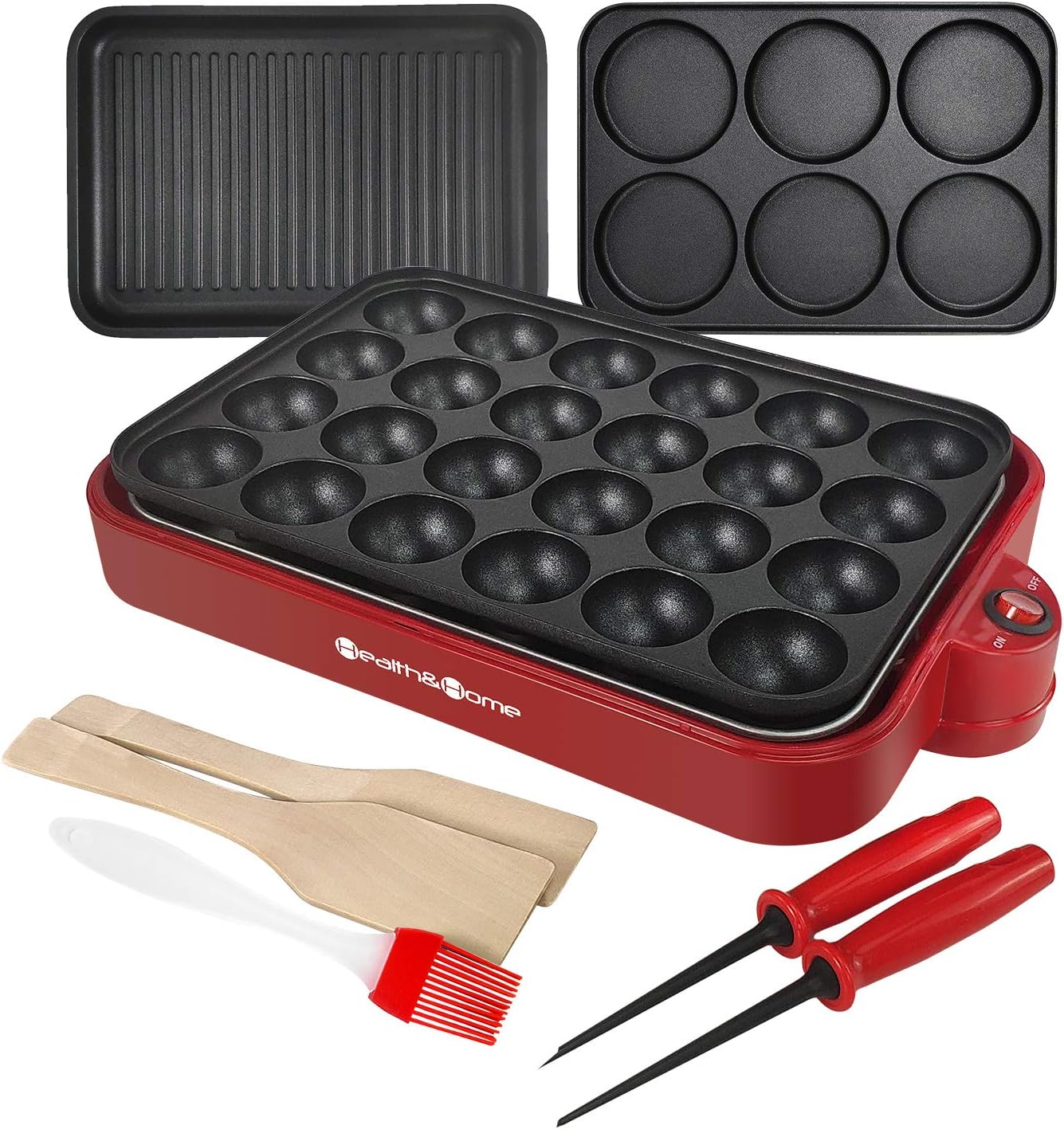 Multifunction Nonstick Baking Maker with 3 Interchangeable Baking Plates for Grill,Pan Cake and Cake Pops,Takoyaki Maker.RED