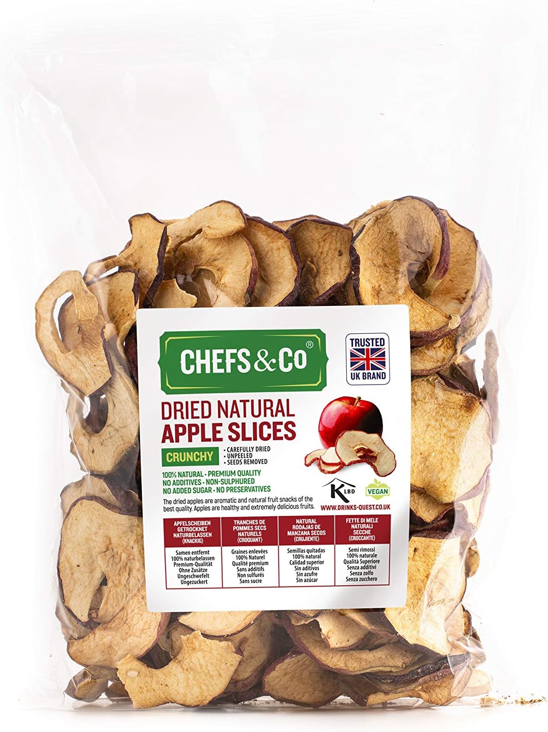 CHEFS & CO Dried Apple Slices 250g | 100% Natural Whole Dried Fruit | Dried & Unpeeled Healthy Sweet Snack | Seeds Removed | No preservatives | No Added Sugar (CRUNCHY, 250 g (Pack of 1))