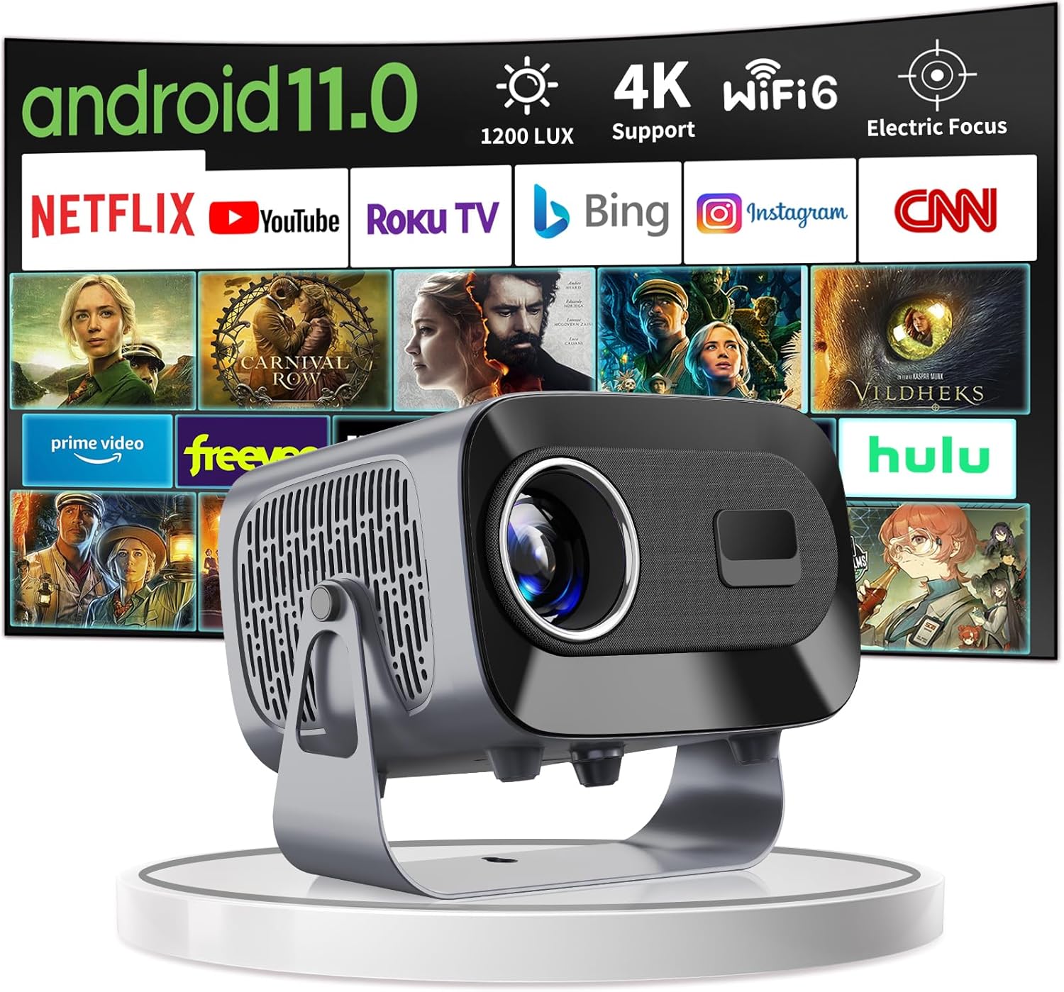Portable Video Mini Projectors[Android 13.0&Auto Keystone]Full HD 4K Supported with WiFi 6 and BT 5.2,360° Rotatable Stand Home Theatre Projector for Bedroom/TV Stick/USB/Game/Outdoor