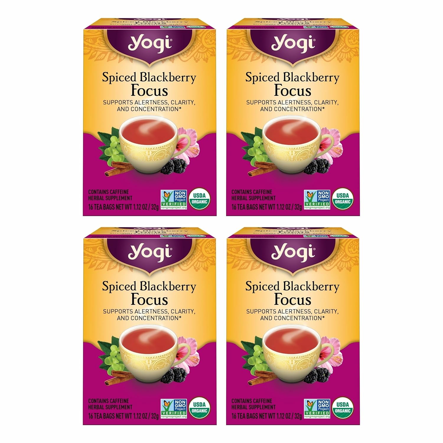 Yogi Tea Spiced Blackberry Focus - 16 Bags per Pack (4 Packs) - Organic Blackberry Tea for Focus with Caffeine - Includes Black Tea Leaf, Hibiscus Flower, Cinnamon Bark & More
