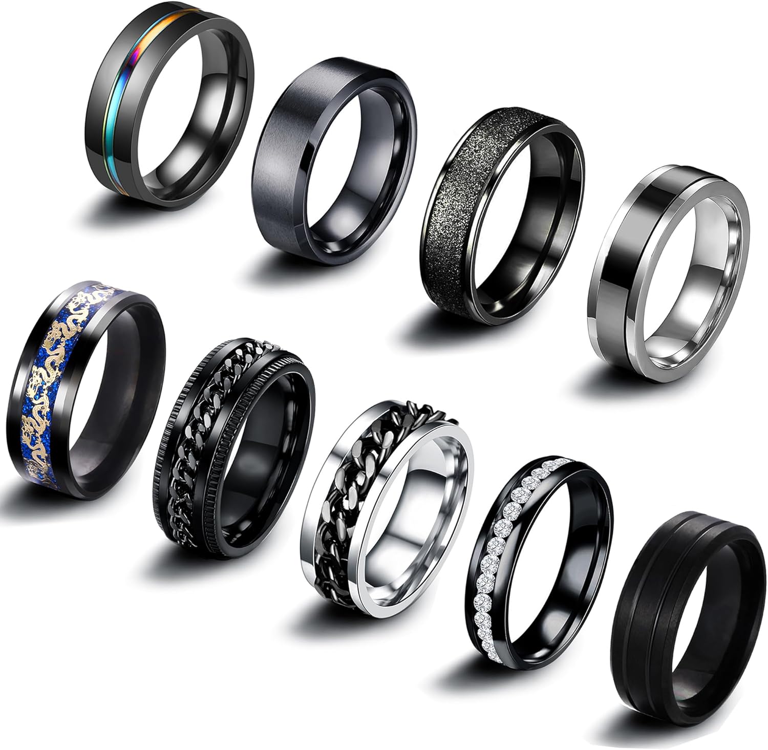 EIELO 9Pcs Stainless Steel Band Rings for Men Women Cool Fidget Spinning Chain Ring Anxiety Relief Fashion Simple Wedding Engagement Black Ring Set