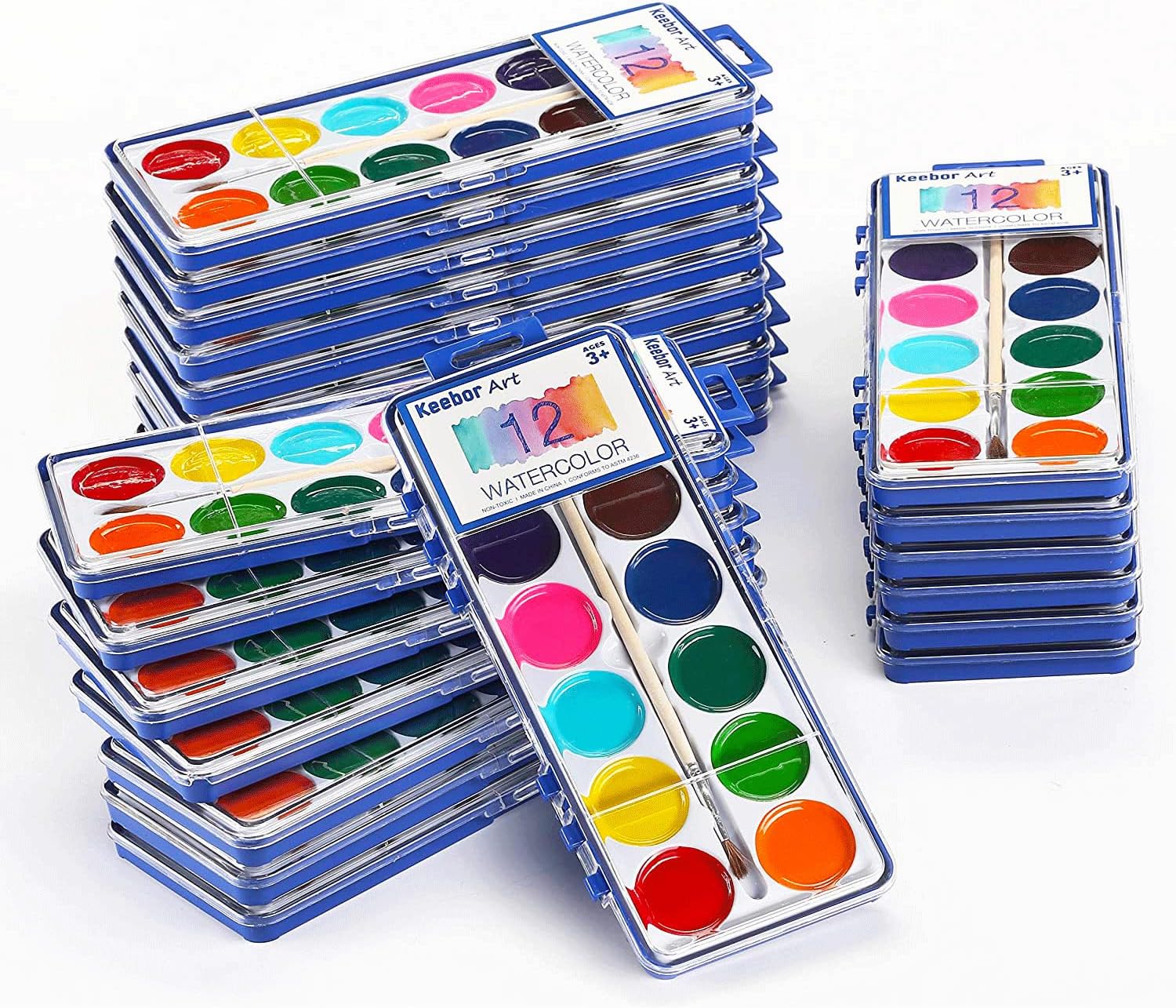 Watercolor Paint Set for Kids, 12 Colors, 24 Pack Washable Water Colors for Party Favors, Gifts, Classroom Supplies (Wood Brushes Included)