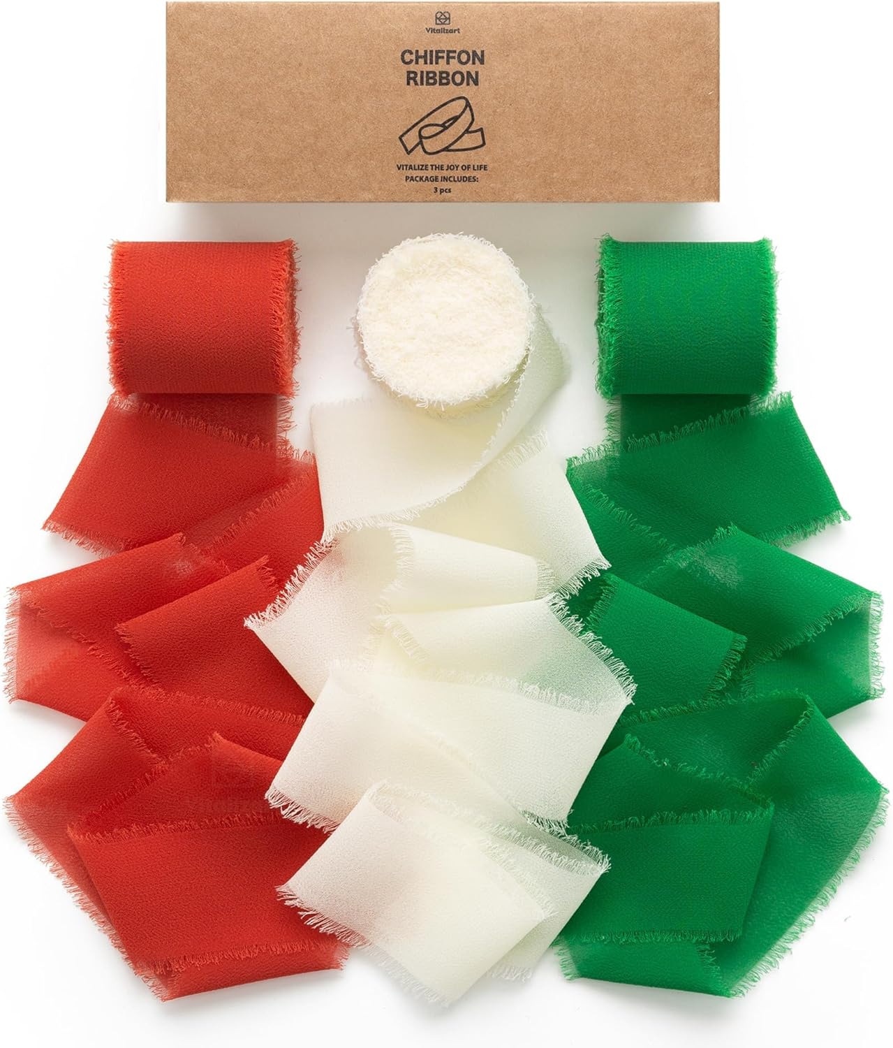 Vitalizart Christmas Ribbon Handmade Chiffon Silk Ribbon Fringe 1.5" x 21 Yd Frayed Edges Ribbons for Wedding Invitations Bridal Bouquets Gifts Wrapping Crafts Holiday Decorations Red Green White
