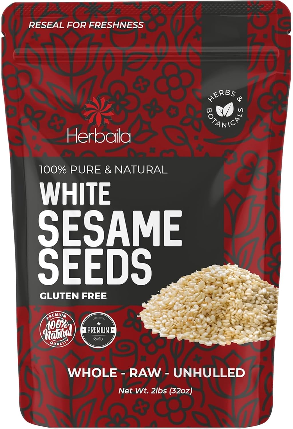 Herbaila Sesame Seeds Bulk 2lbs - White Raw Sesame Seeds for Baking - Unhulled Sesame Seeds Bulk - Keto Friendly - Non GMO Seeds - Gluten Free - Grown in USA 32oz