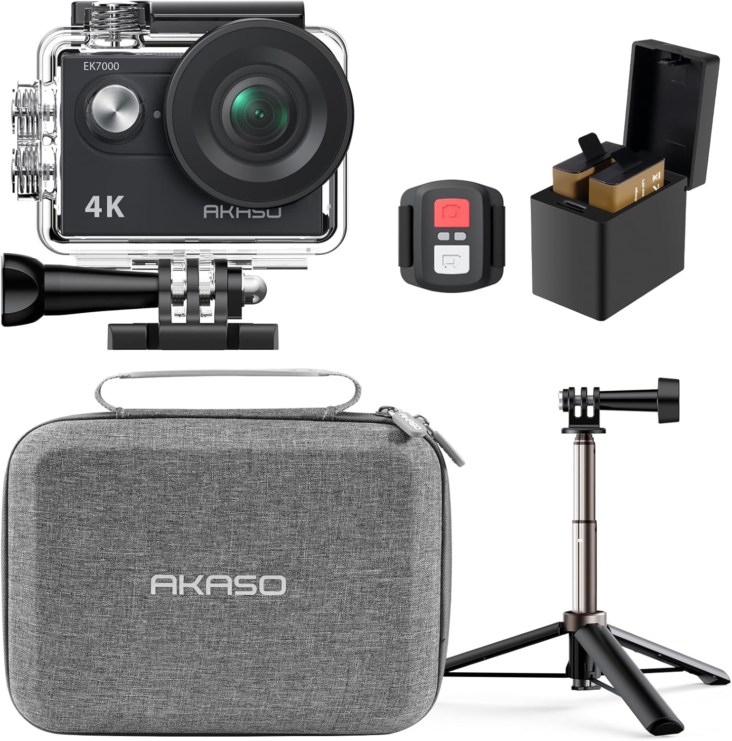 AKASO EK7000 Action Camera Selfie Stick Bundle - Includes 4K30FPS EK7000 Underwater Camera, Selfie Stick, 2 Batteries, Carrying Case, and Accessory Kits