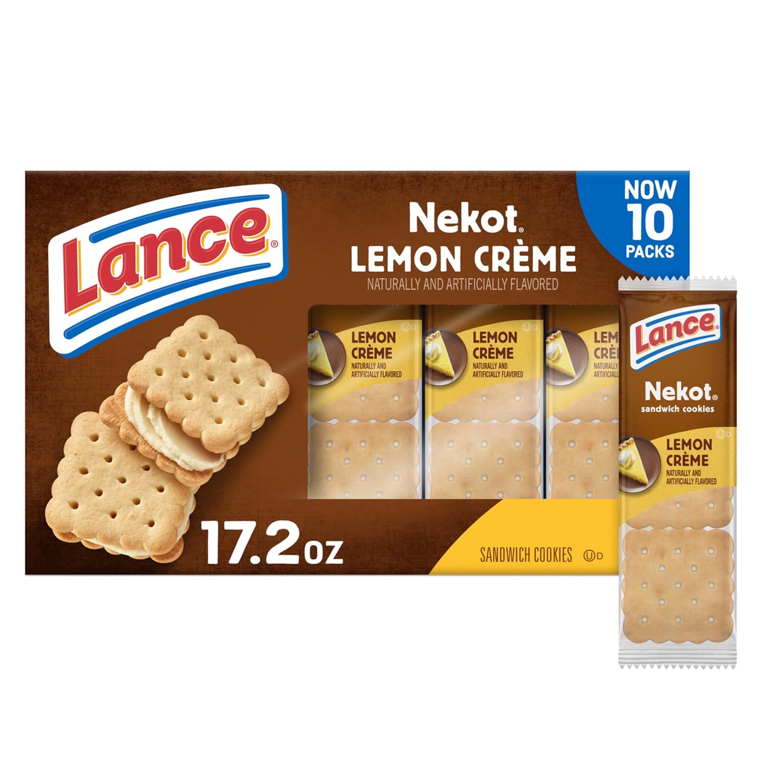 Lance Sandwich Cookies, Nekot Lemon Creme, 10 Individually Wrapped Packs, 6 Sandwiches Each