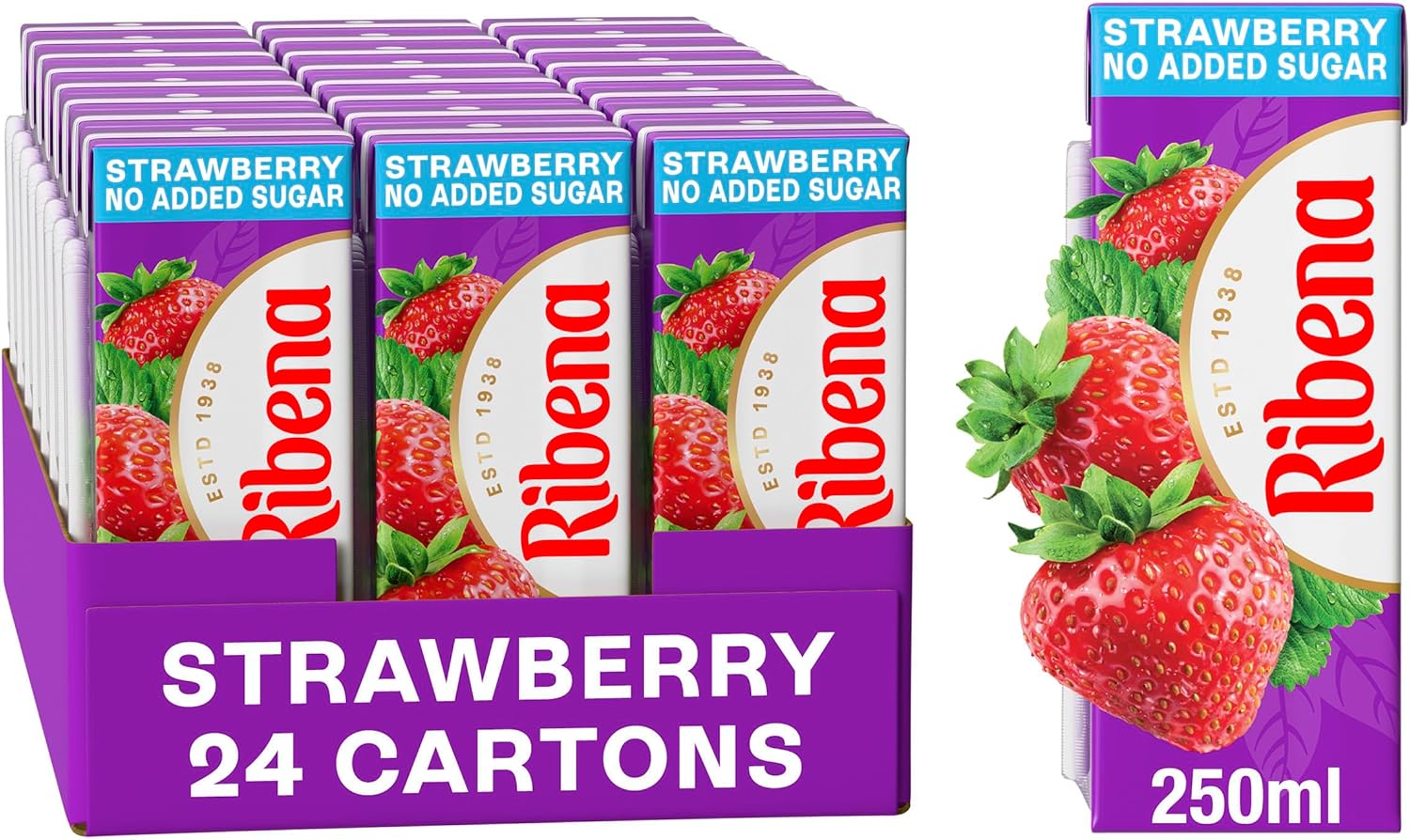 Ribena Strawberry Juice Drink Cartons - Multipack 24x250ml; No Added Sugar Real Fruit; Rich In Vitamin C; No Artificial Colours or flavours ; Perfect For On The Go