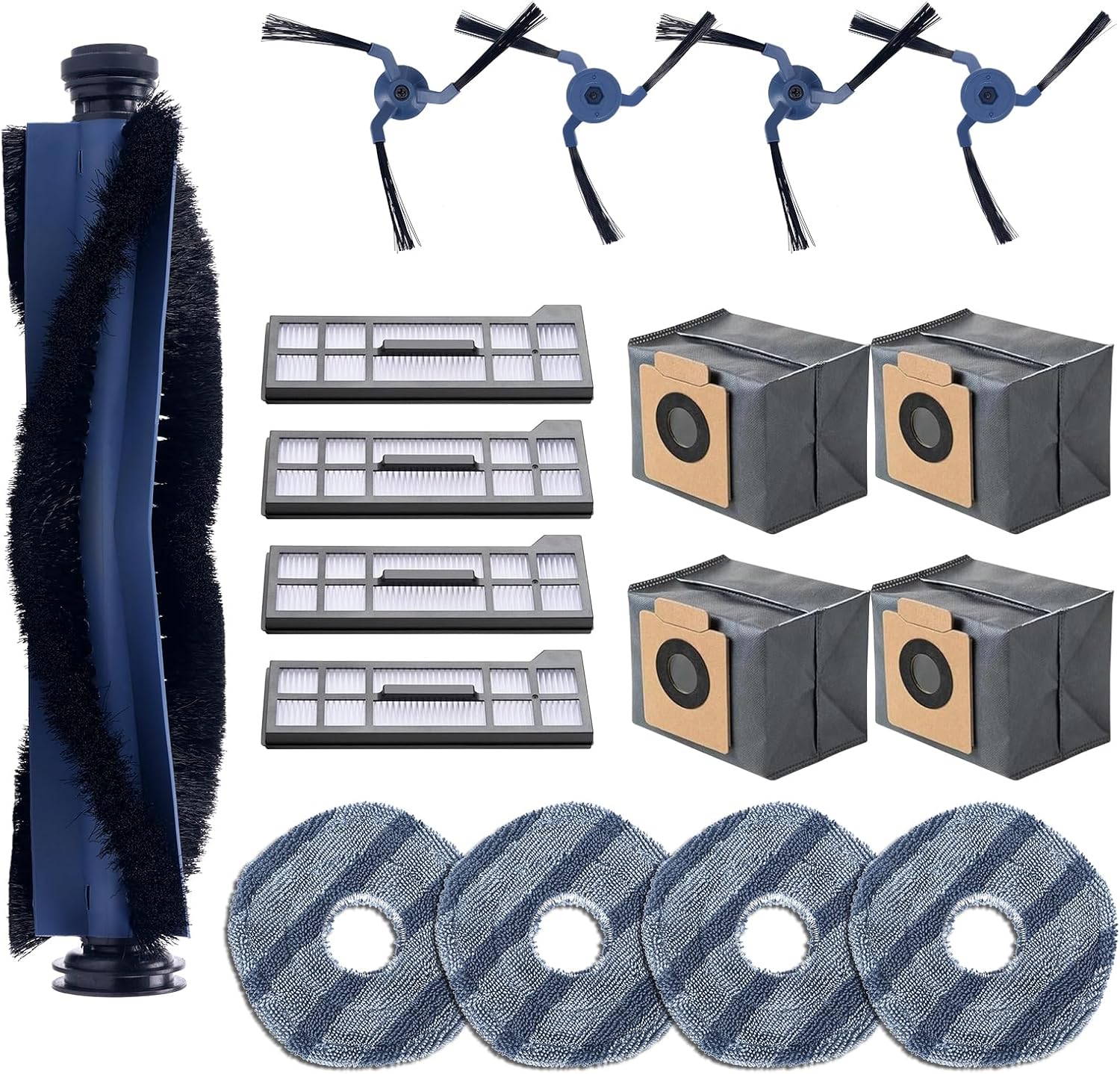 Replacement Parts Compatible with eufy X10 Pro Omni Robot Vacuums Replacement Parts, 4 Dust Bags, 4 Washable Vacuum Mop Cloths, 4 Side Brushes, 4 HEPA Filters, 1 Main Brush, X10 Pro Omni Accessories
