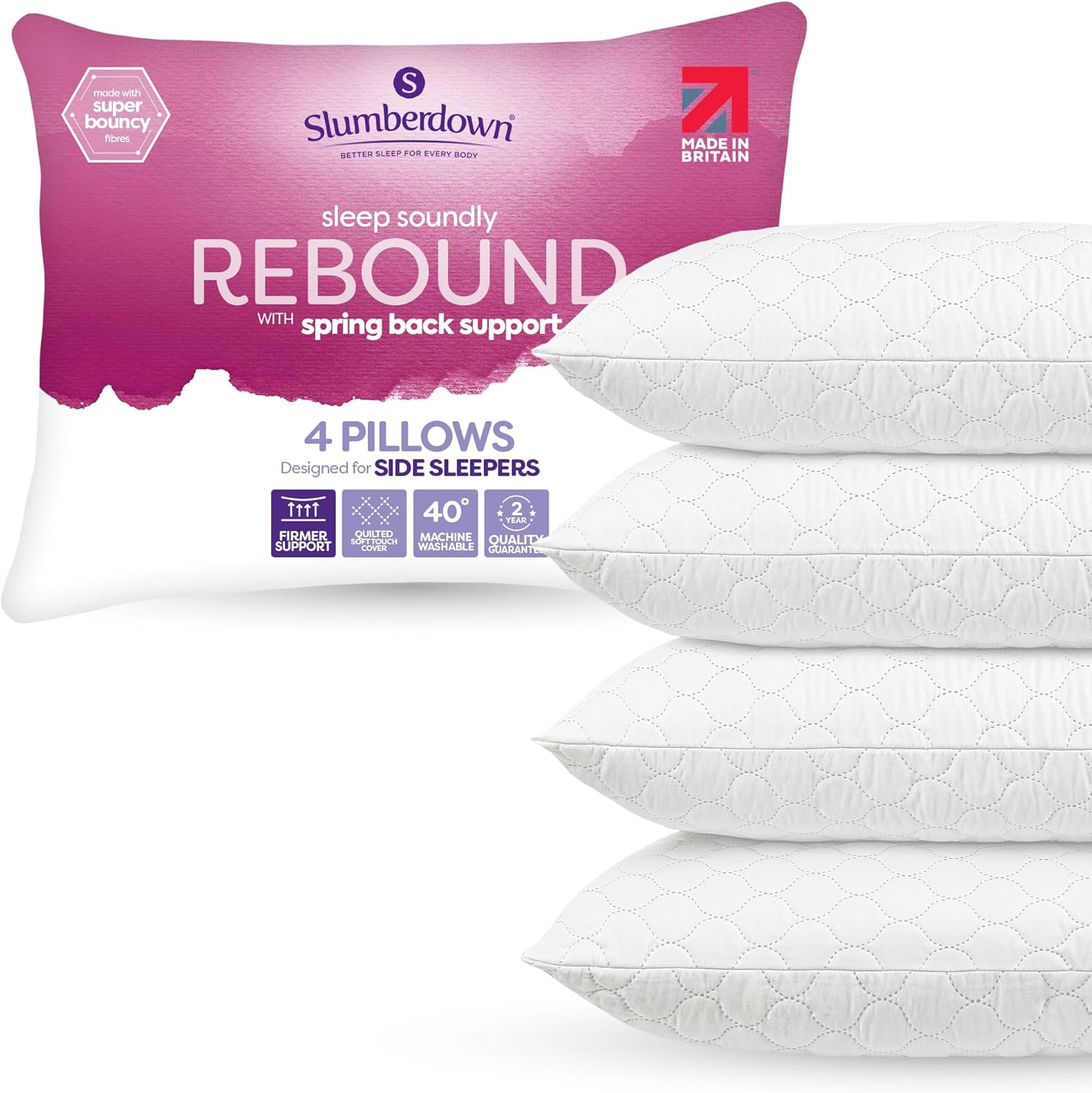 Slumberdown Rebound Quilted Pillows 4 Pack Hotel Quality Thick & Bouncy Firm Bed Pillow for Back and Side Sleepers - Non-Allergenic, UK-Made, Machine Washable, Packaging May Vary (48 x 74cm)
