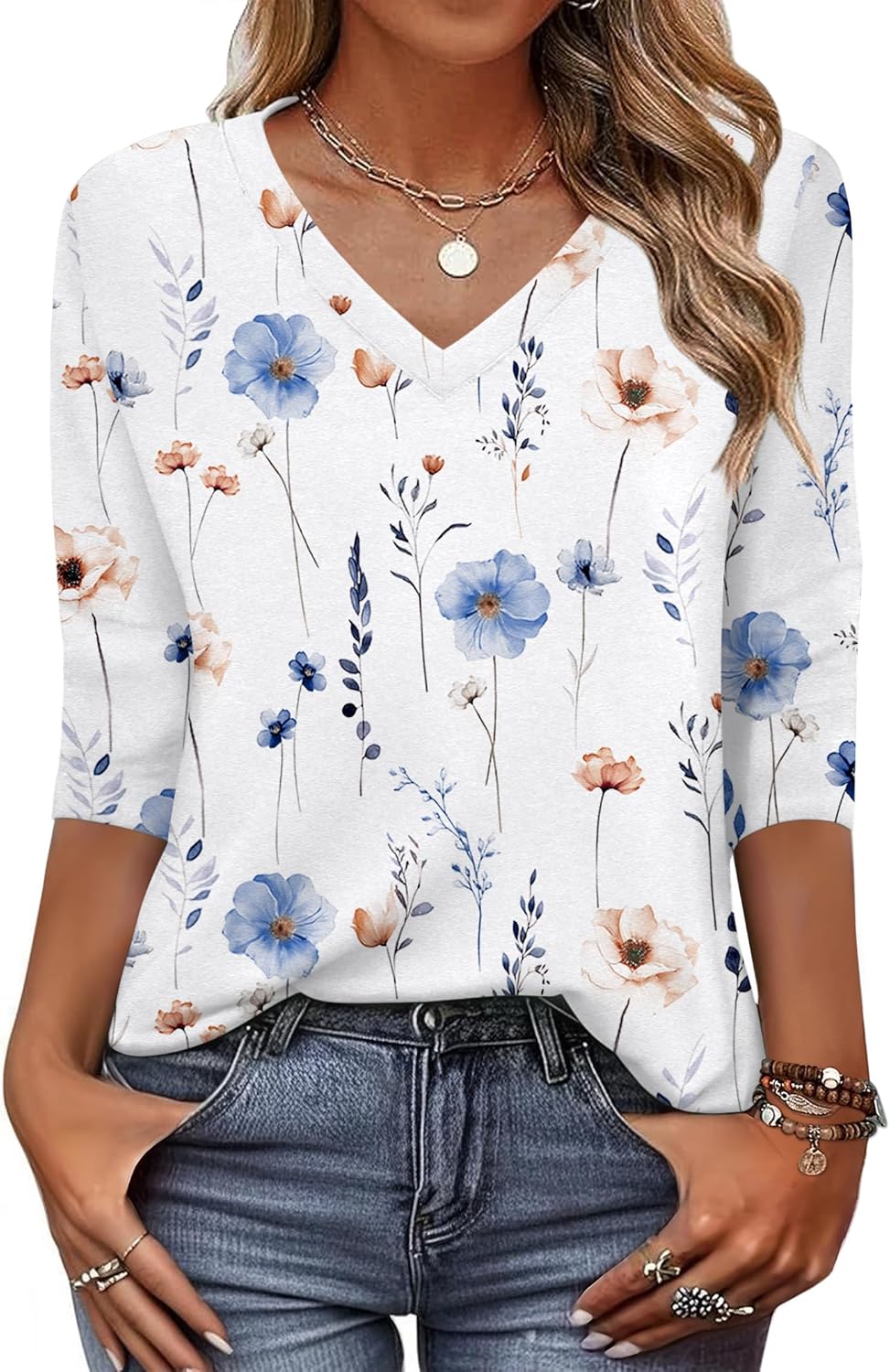 Zeagoo Womens 3/4 Length Sleeve Tunic Tops Casual V Neck Shirts Basic Tees Business Work Blouses Summer Fall 2025 Clothes