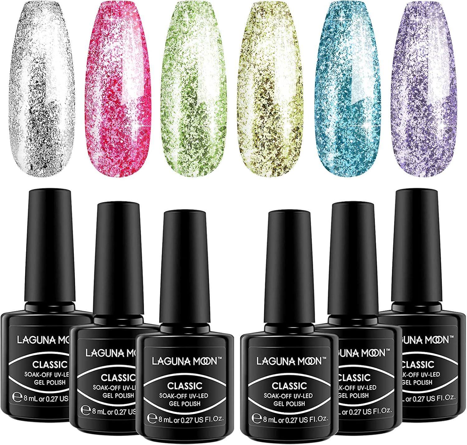 LagunaMoon Gel Nail Polish Set - 6 Colours Red Glitter Pink Silver White Brown Pigmented High-Shine Kit Gel Polish Salon Quality DIY Nails - UV LED Soak Off Lacquer Kit Varnish Manicure & Pedicure