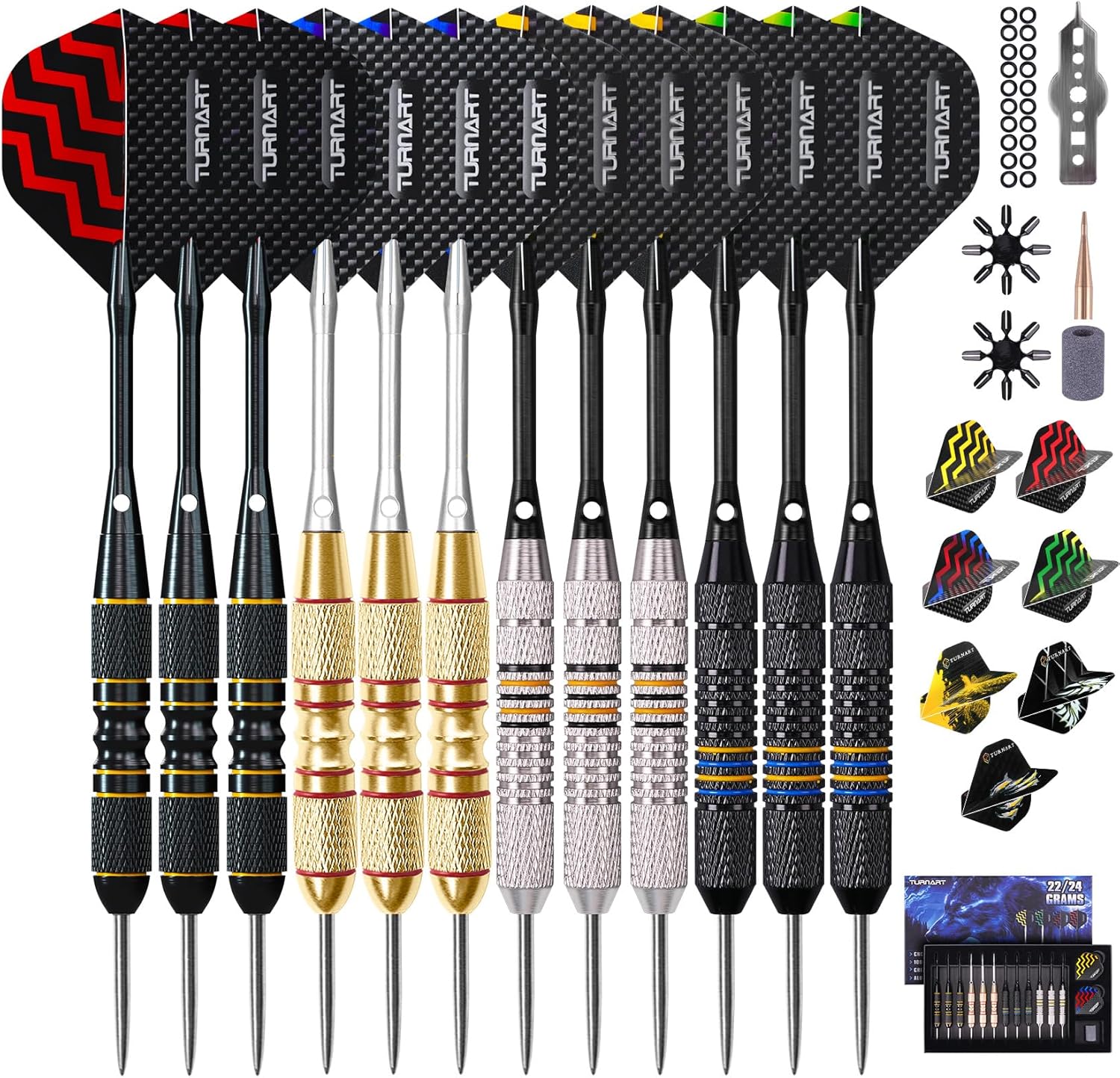 Turnart Darts Metal Tip Set - Steel Tip Darts Darts Set Professional Metal Darts 12 pcs 22/24 Grams Pro Dart Set with Stylish Case Aluminum Shafts Extra 9 Flights