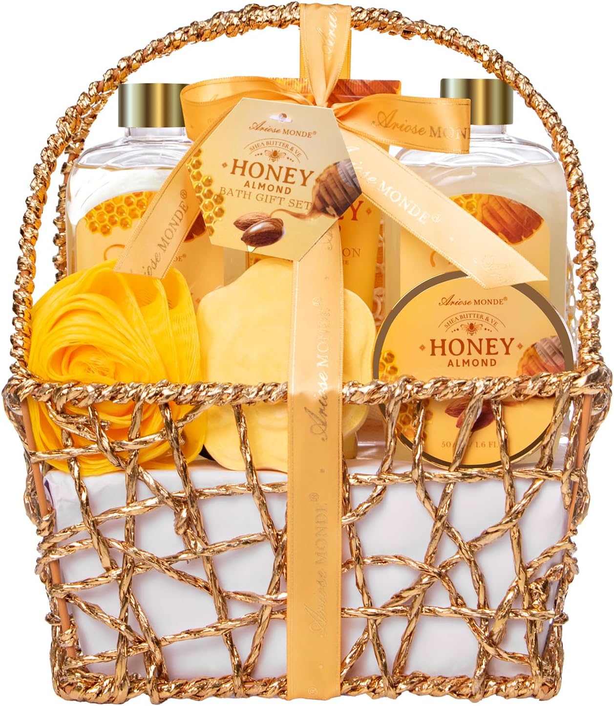 ArioseMonde Gift Baskets for Women, Wellness Gifts for Women, 8-Piece Bath Gift Set with Honey and Almonds for Women, Wellness and Personal Care Set with Pump D
