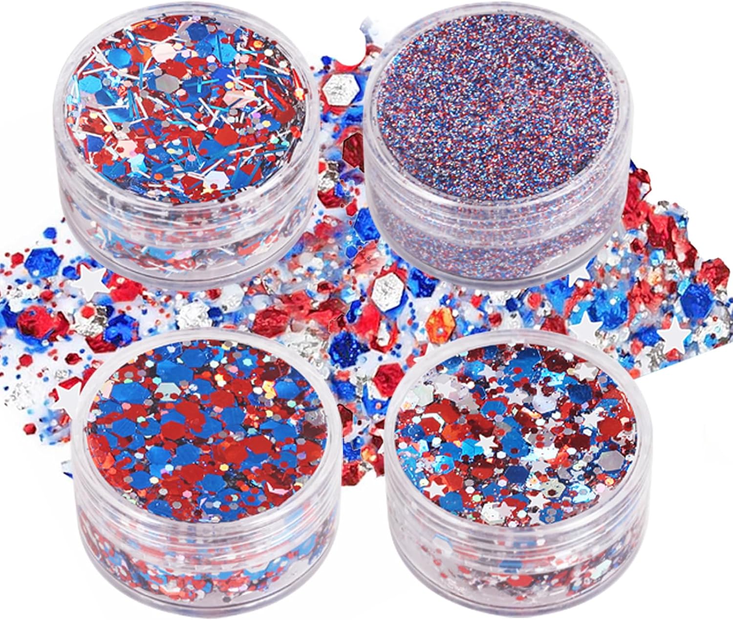 4 jars Red Blue White Hair Glitter,4th of July Body Face Glitter,USA Flag Star Patriotic Sparkle Makeup,Chunky Fourth of July Outfits for Women & Kids,Independence Day Accessories,40g/1.41 oz